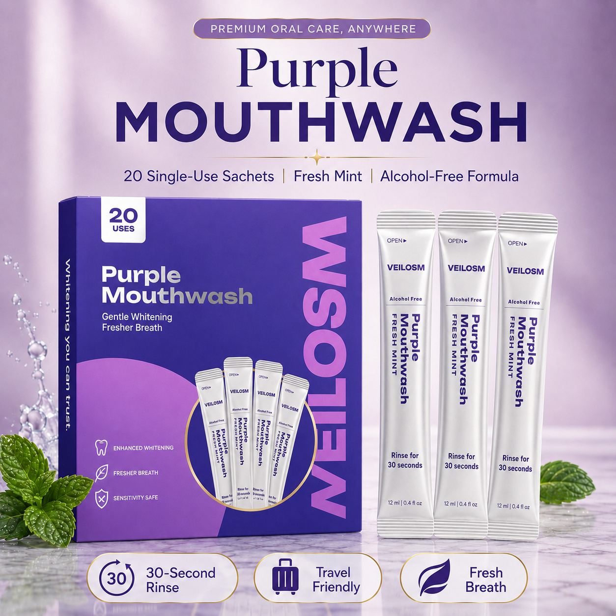 Buy 2 Get 1 Free 🔥 | Veilosm™ Purple Mouthwash - Sachets 20 Pack The perfect choice to keep your smile shining for several months