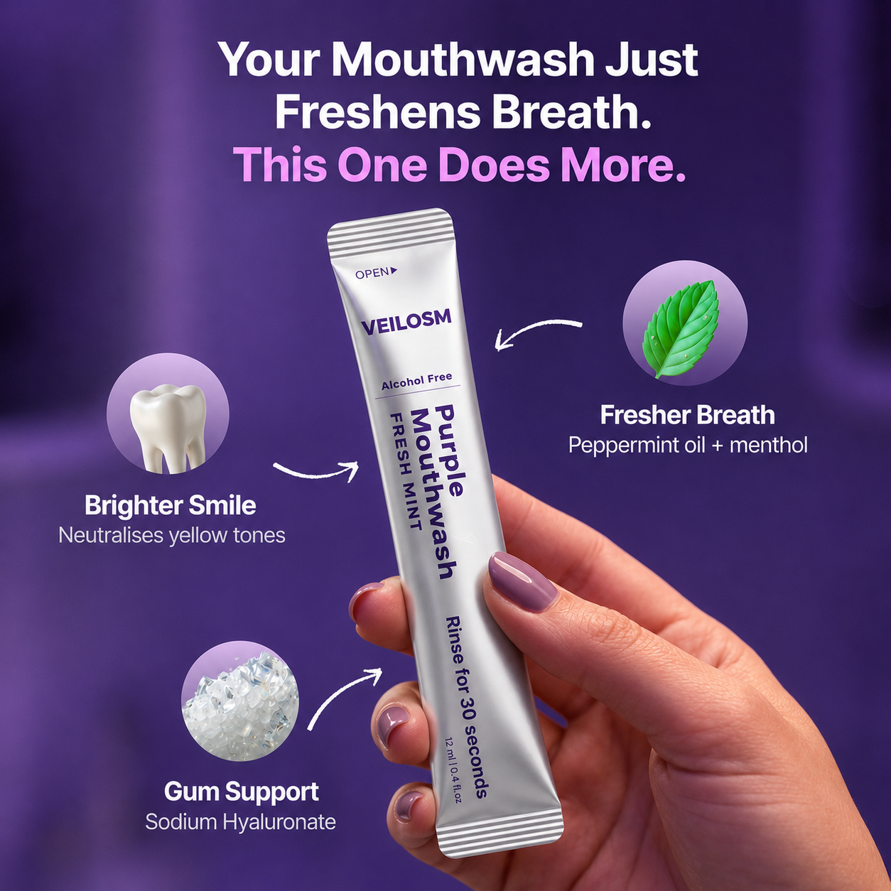 Buy 2 Get 1 Free 🔥 | Veilosm™ Purple Mouthwash - Sachets 20 Pack The perfect choice to keep your smile shining for several months