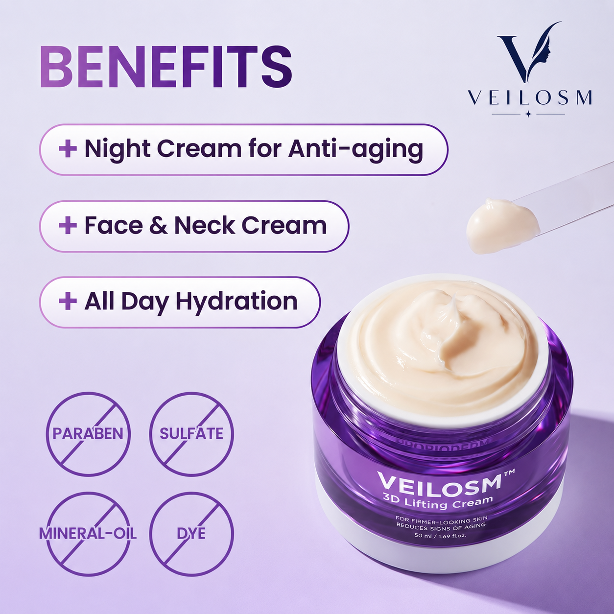 VEILOSM™ 3D Lifting Cream 1.69 fl oz Advanced Anti-Aging Probiotics Facial Night Cream with 17-Peptide Complex for Face & Neck Wrinkles